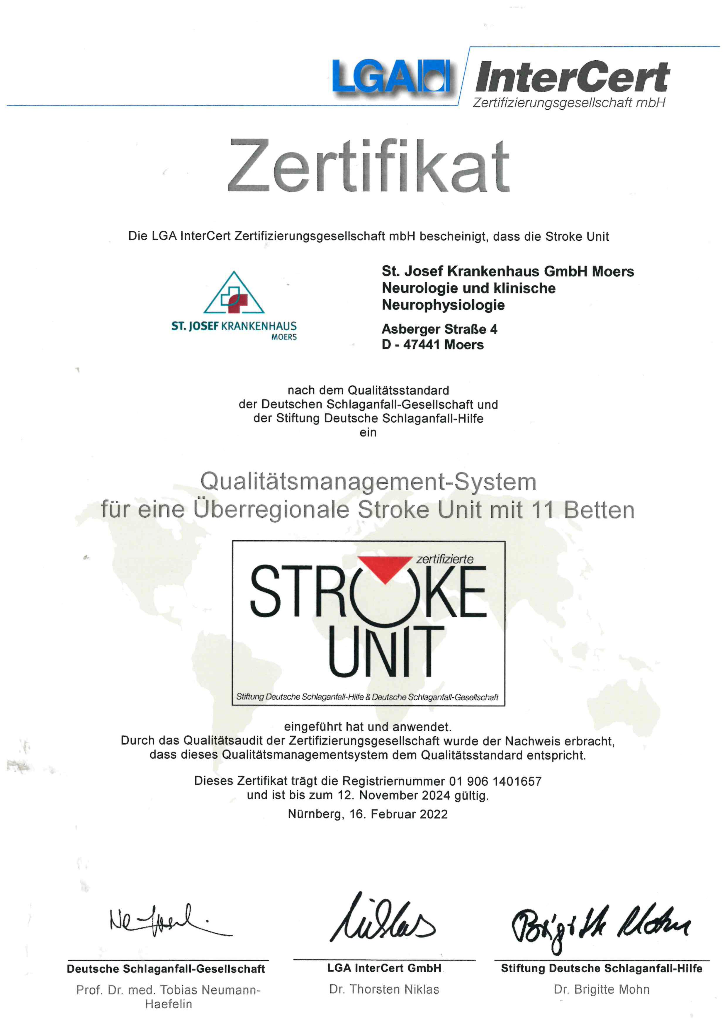 Zertifikat der Stroke Unit St. Josef Krankenhaus Moers
