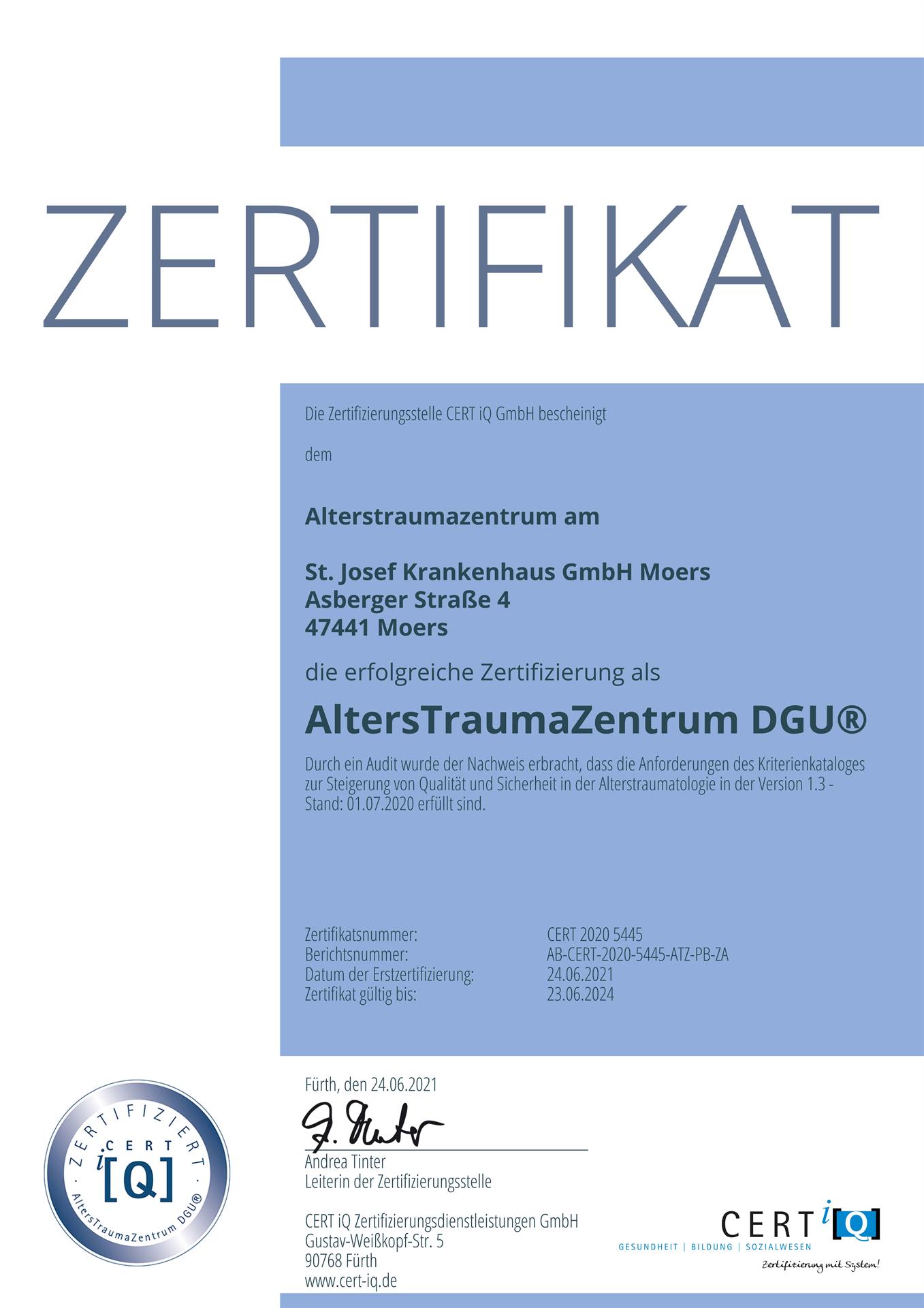 Auszeichnung Zertifiziertes AltersTraumaZentrum DGU