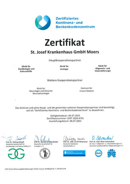 Zertifikat des Kontinenz- und Beckenbodenzentrums des St. Josef Krankenhauses Moers