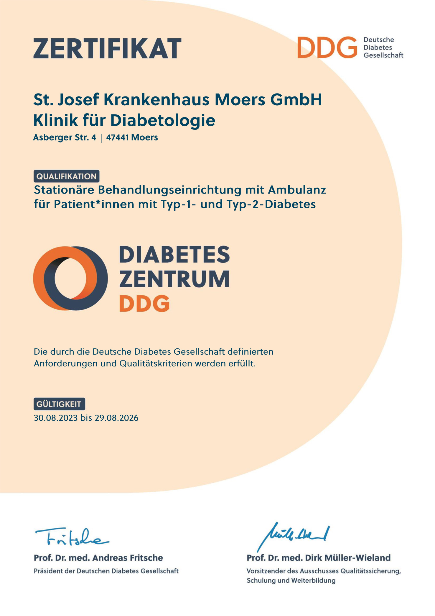 Urkunde DDG Deutsche Diabetes Gesellschaft für das St. Josef Krankenhaus Department Diabetologie