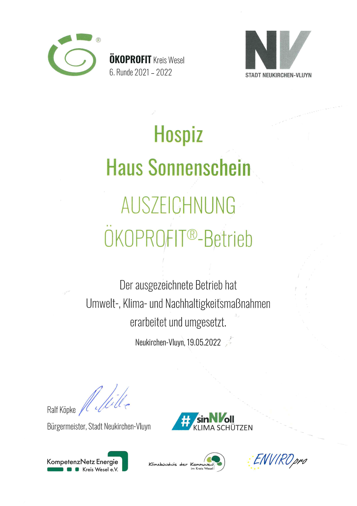 Öko-Profit-Betrieb: Hospiz Haus Sonnenschein 